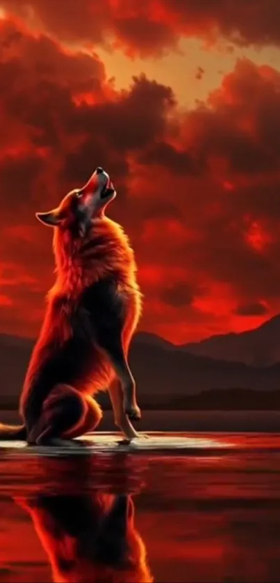 Wolf howling with a fiery red sunset reflecting on water.