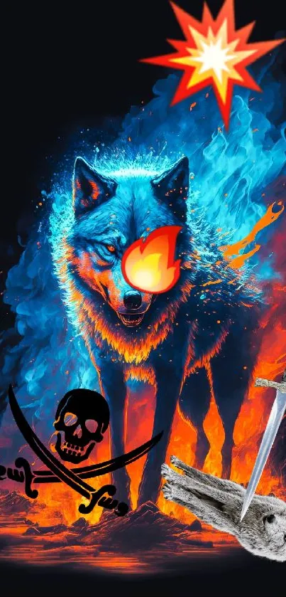 Fiery wolf and sword mobile wallpaper with dynamic colors and artistic design.