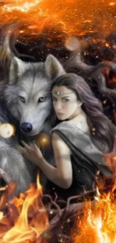 Fiery wolf and warrior surrounded by flames in a fantasy wallpaper.