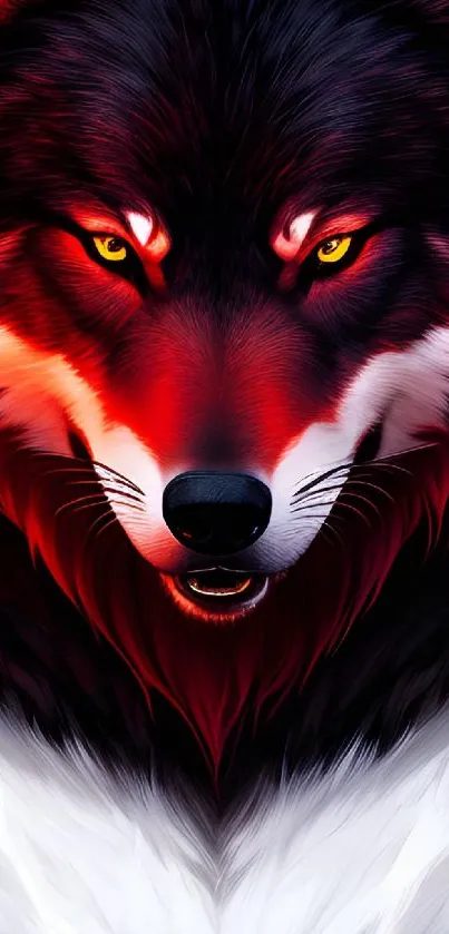 Fiery wolf artwork with intense red and yellow accents, perfect for phone wallpaper.