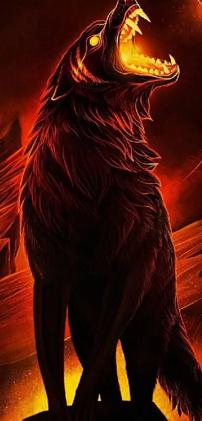 Fiery wolf digital art mobile wallpaper with glowing eyes.