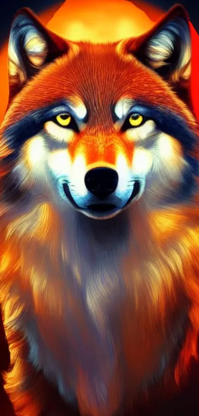 Artistic fiery wolf with glowing eyes and red-orange hues in a stunning wallpaper.