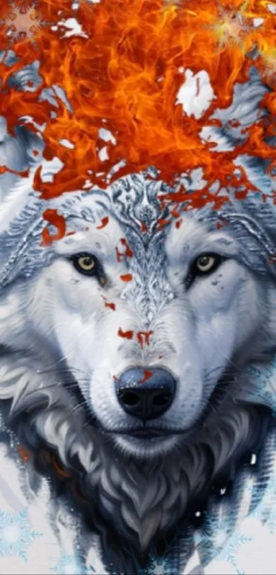 Fiery wolf with flames digital art wallpaper.