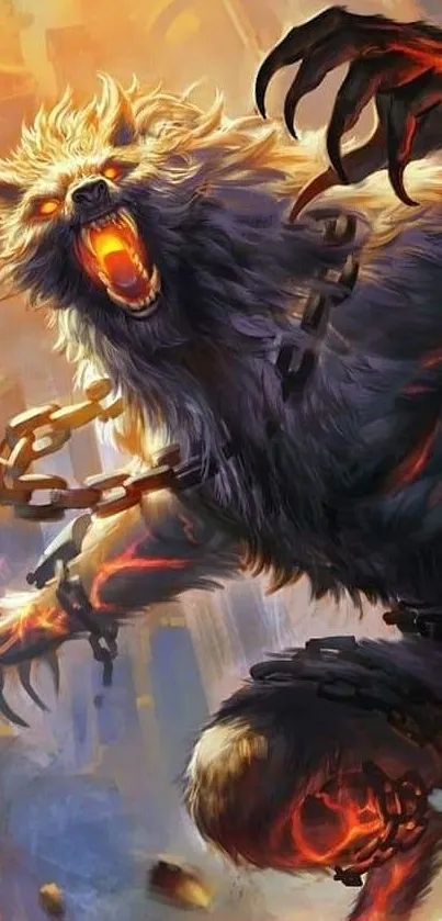 Fierce werewolf in chains with fiery background on mobile wallpaper.