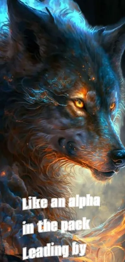 Artistic wallpaper of a fiery wolf, symbolizing leadership.