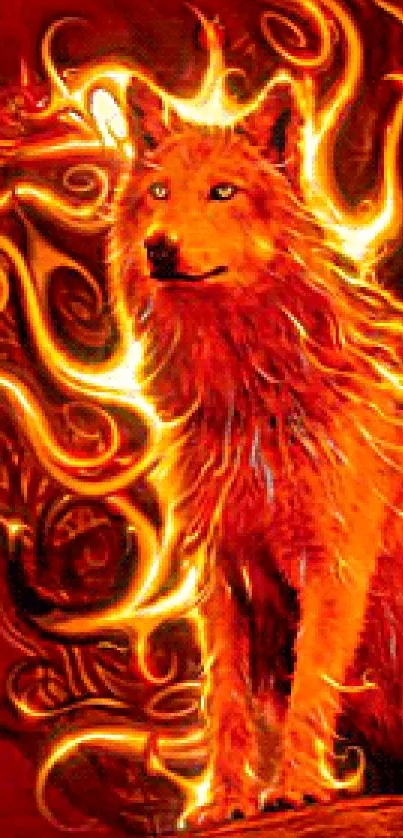 Fiery wolf design in vibrant orange and red hues for mobile wallpaper.