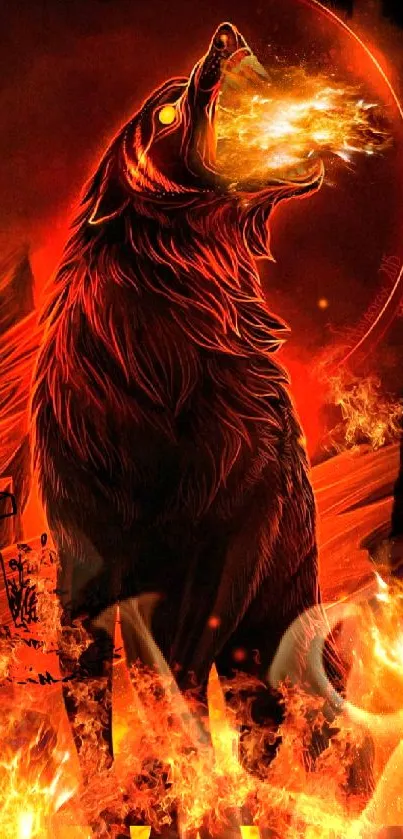 Fiery wolf with flames in an intense red backdrop.