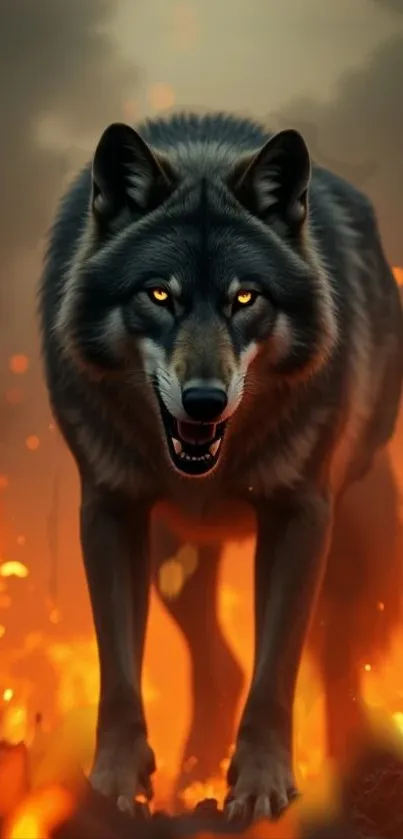 Fierce wolf surrounded by vibrant flames in digital art.