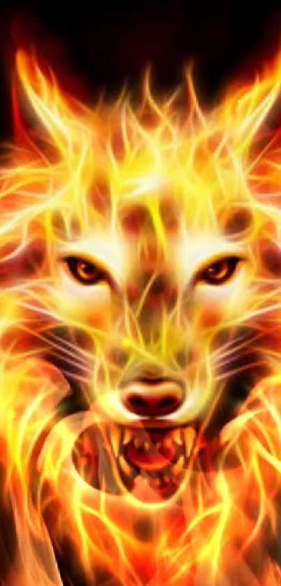 Fiery wolf head in vibrant flames on a dark background.