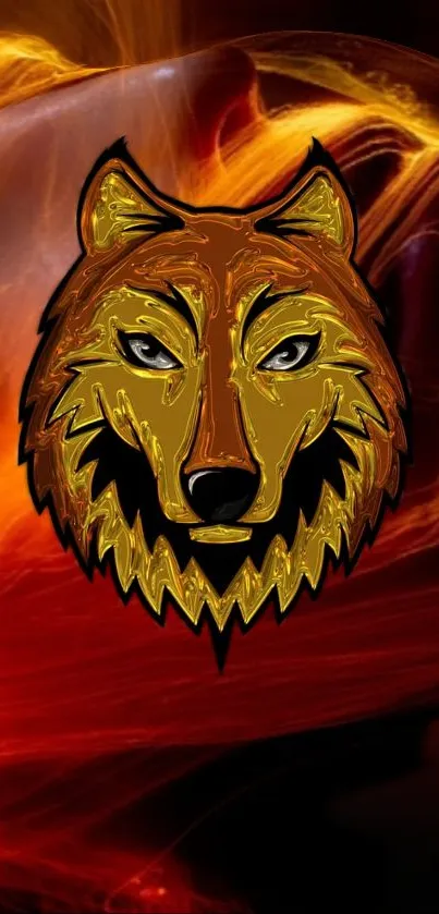 Fiery wolf face with vibrant artistic background.