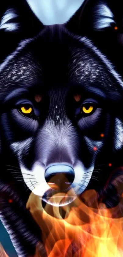 Fierce black wolf with fiery elements artwork wallpaper.