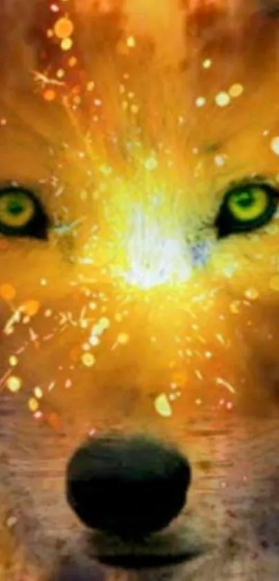 Fiery wolf face with vibrant artistic elements and golden tones.