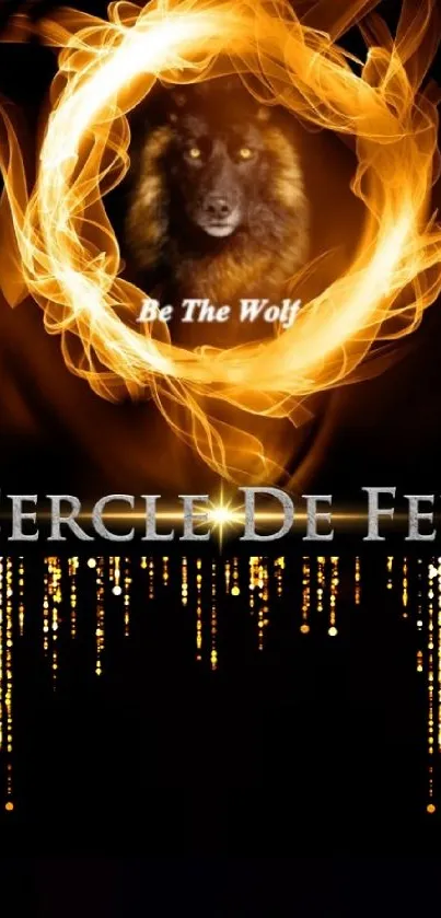 Fiery wolf art with glowing circle and sparks.