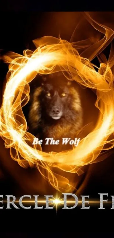 Fiery wolf encircled by flames in a dramatic mobile wallpaper.