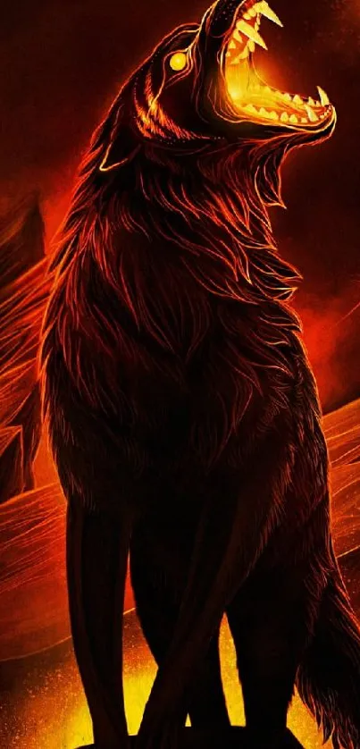 Fiery wolf howling with a blazing red and orange backdrop.