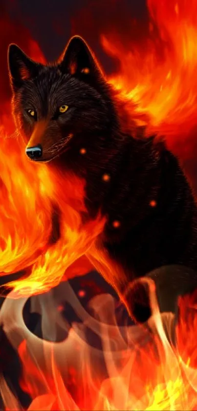 Majestic wolf surrounded by vibrant flames in digital art.