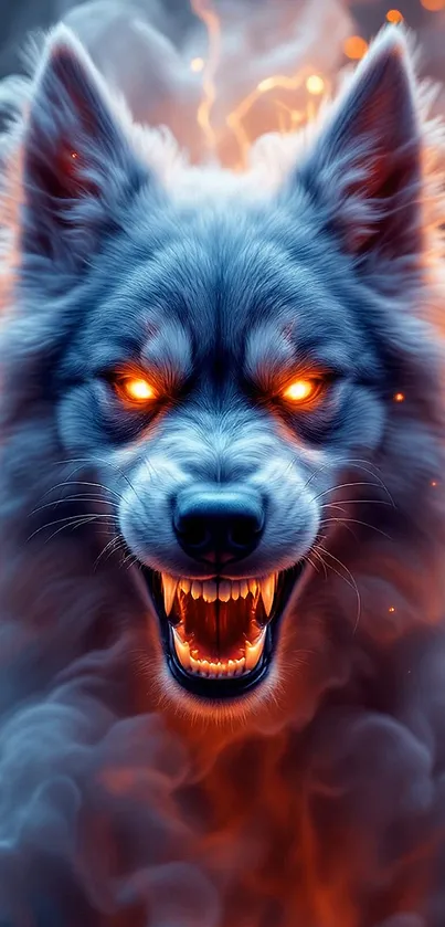 Fiery wolf with glowing eyes in digital art style.