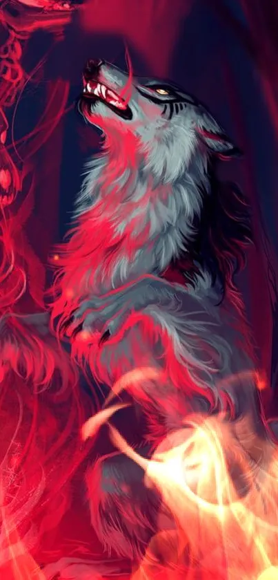 Fiery artistic wallpaper of a wolf in vibrant red and orange flames.