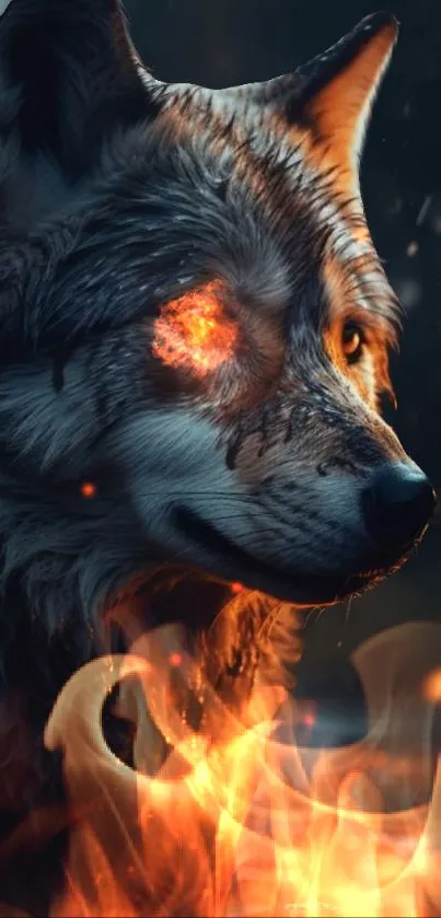 Fiery wolf with glowing eye in fantasy wallpaper art.