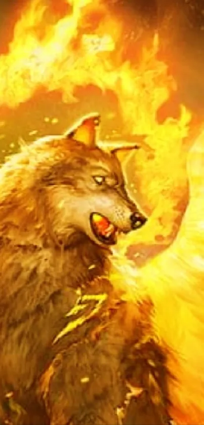 Fiery wolf surrounded by vibrant flames for mobile wallpaper.