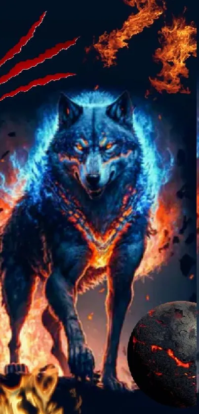 Fiery wolf surrounded by flames and blue aura in a fantasy art wallpaper.