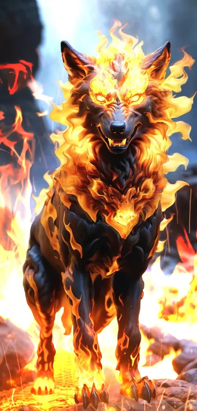 Fiery wolf with flames in fantasy art wallpaper.