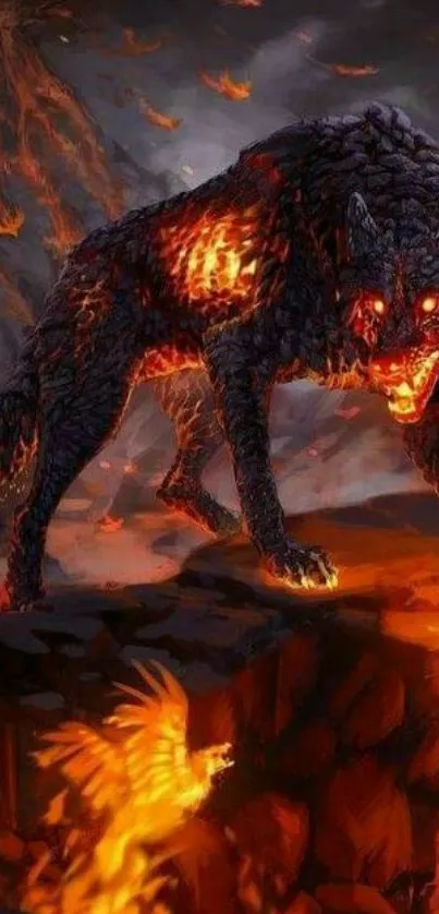 Fiery wolf stands amidst molten lava and flames.