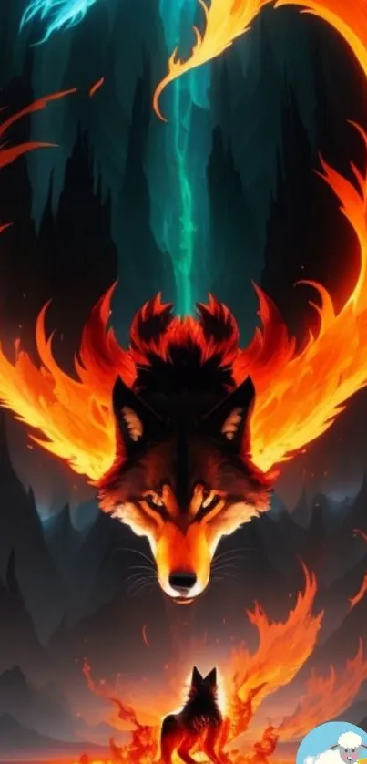 Fiery wolf in a mystical forest with vibrant flames.