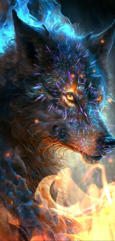 Fantasy illustration of a fiery blue wolf with intricate glowing details.