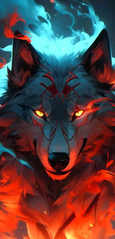 Fiery wolf with red and blue flames, intense fantasy art wallpaper.