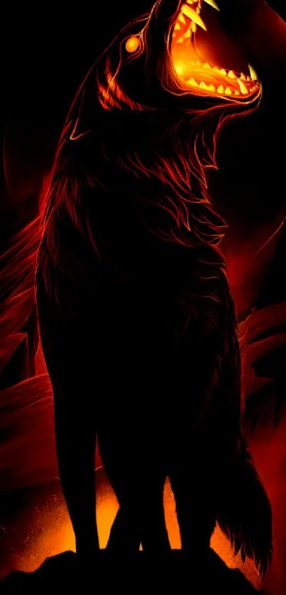 A fiery wolf howling in front of a glowing, red moon in vibrant artwork style.