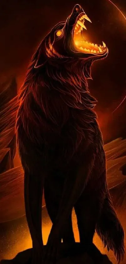 Fiery wolf howling at the moon mobile wallpaper.