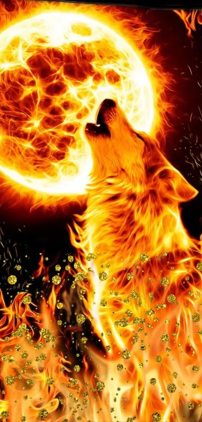 Fiery wolf howling at a blazing sun, surrounded by vibrant flames.