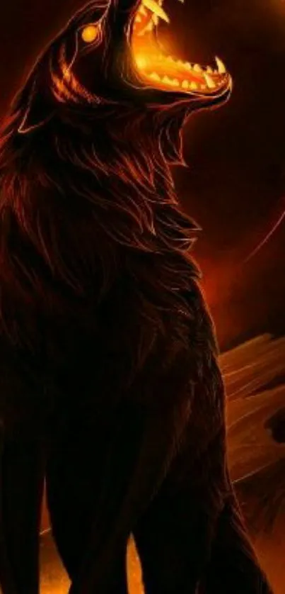 Fiery wolf howling in a dark, mystical setting with glowing orange tones.