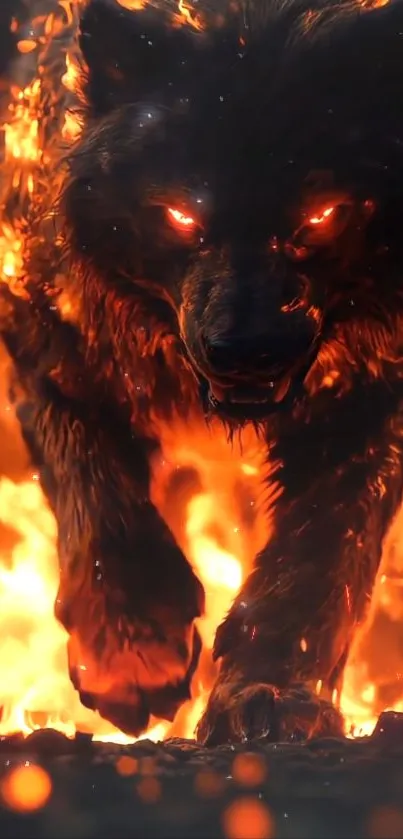 Fierce wolf surrounded by flames, intense look.