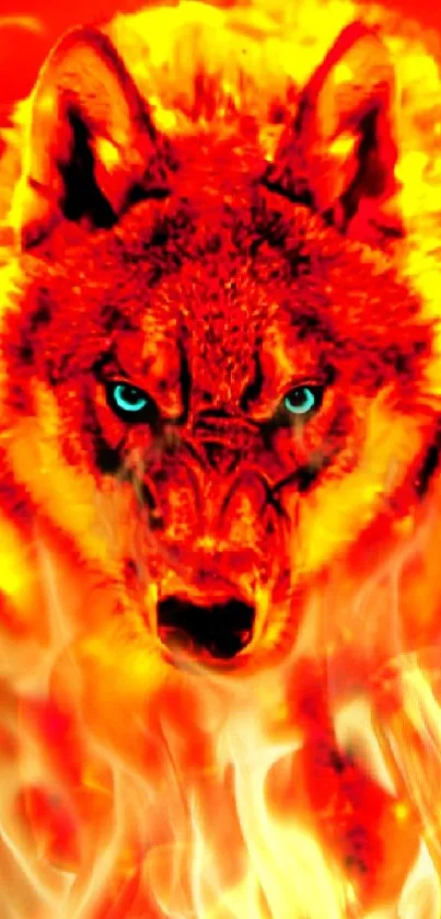 Fiery wolf surrounded by flames on a vibrant red background.