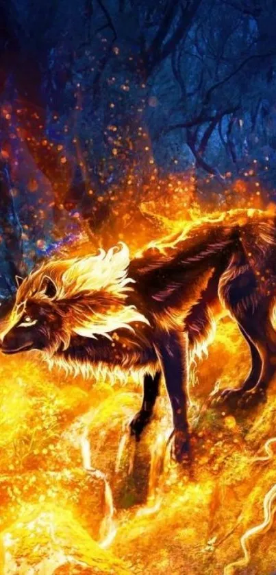 Fiery wolf in a mystical blue forest wallpaper.