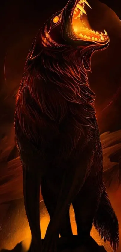 Fiery wolf standing with glowing eyes under a dark red night sky.