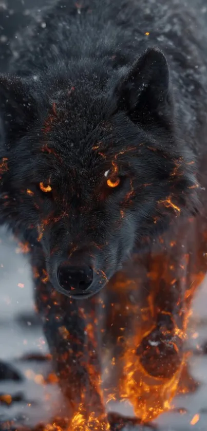 A fiery-eyed wolf braves a snowy landscape in this stunning mobile wallpaper.