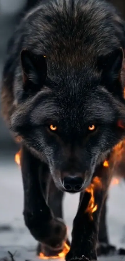 Fierce wolf with flames in snowy wilderness.