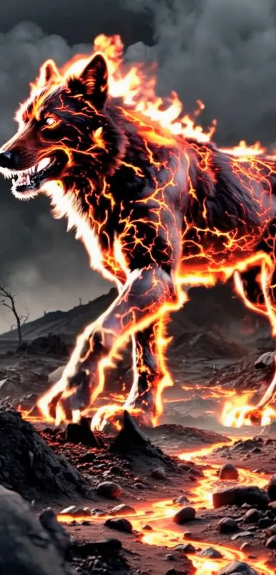 A fiery wolf with flames in a volcanic landscape, perfect for mobile wallpaper.