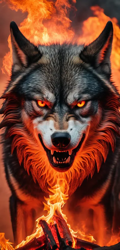 Fiery wolf surrounded by flames in a captivating mobile wallpaper.