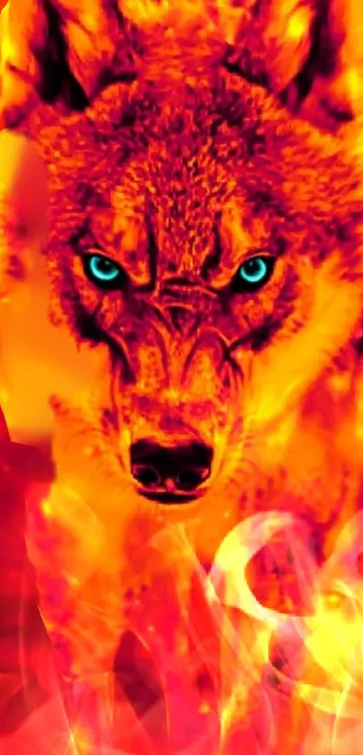 Fierce wolf with blue eyes surrounded by flames in a stunning mobile wallpaper.