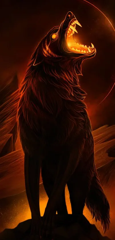 Fiery wolf with glowing eyes in a dark, intense background.