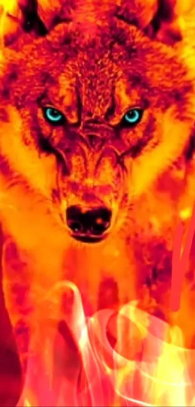 Fiery wolf with intense gaze on a vivid red-orange background.