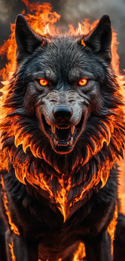 Fierce fiery wolf engulfed in flames.