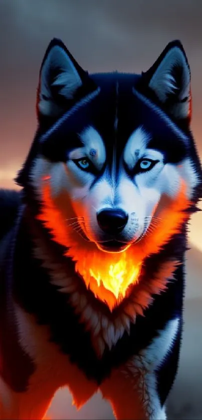 A wolf with fiery orange glowing flames in a mystical setting.