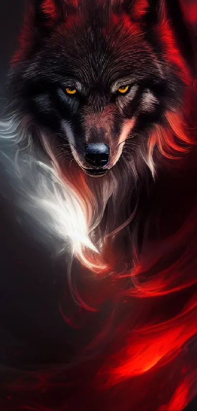 Fiery red and black wolf art wallpaper for mobile.