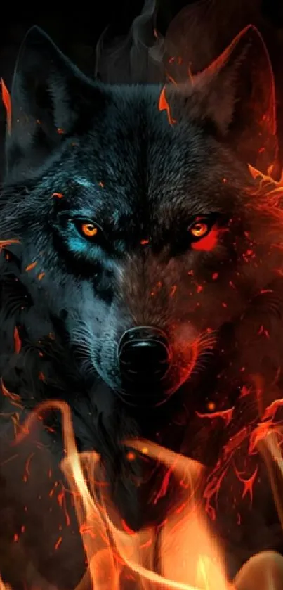 Fiery wolf with glowing eyes on black background mobile wallpaper.