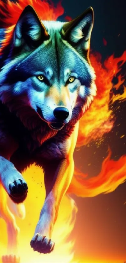 Dynamic wolf engulfed in fiery flames illustration.